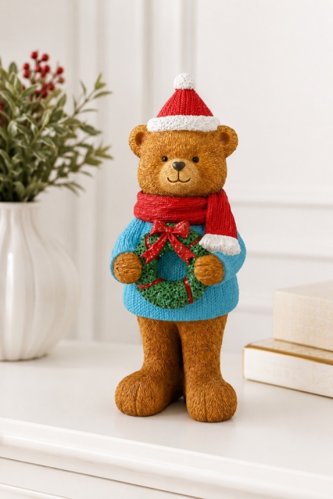 Polyresin boy bear figurine with a wreath, 22 cm (542037)
