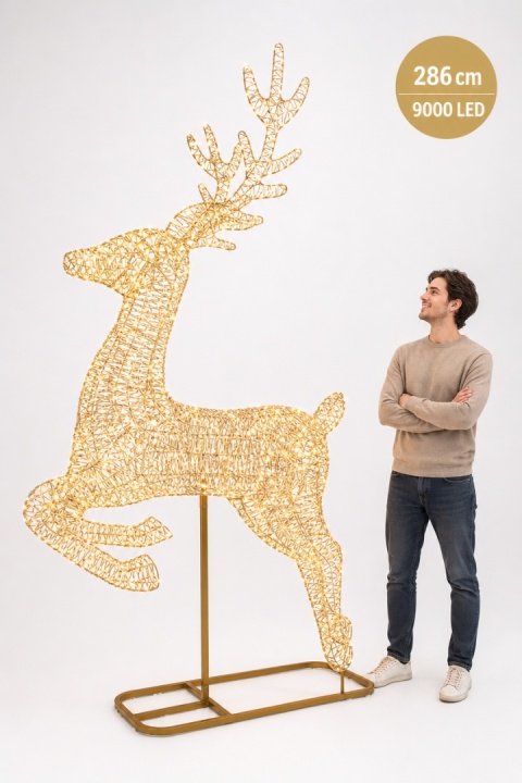 Giant gold-finish metal reindeer, 286 cm, 8300 warm white LEDs, flash function, timer (493982), indoor/outdoor