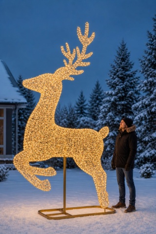 Giant gold-finish metal reindeer, 286 cm, 8300 warm white LEDs, flash function, timer (493982), indoor/outdoor