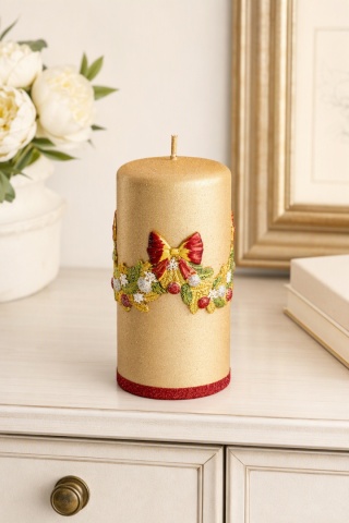 Świeca słupek średni złoty satynowy 70x140 z girlandą (182571)