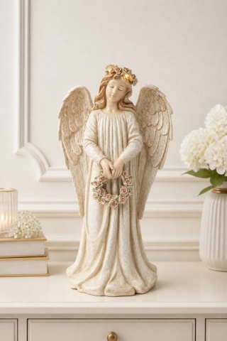 Anioł ceramiczny pastelowy z wiankiem LED (KP0086)