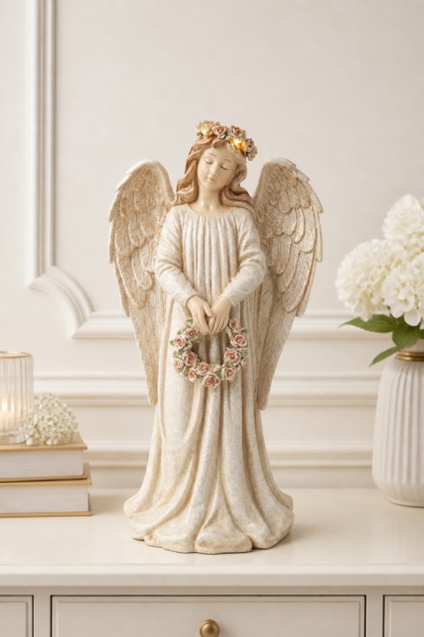 Anioł ceramiczny pastelowy z wiankiem LED (KP0086)