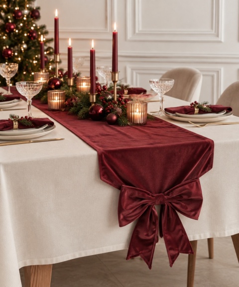 Burgundy velvet table runner 150x32 cm with a bow (614599)