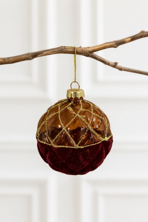 8cm glass bauble, burgundy velvet, pattern A (6818)