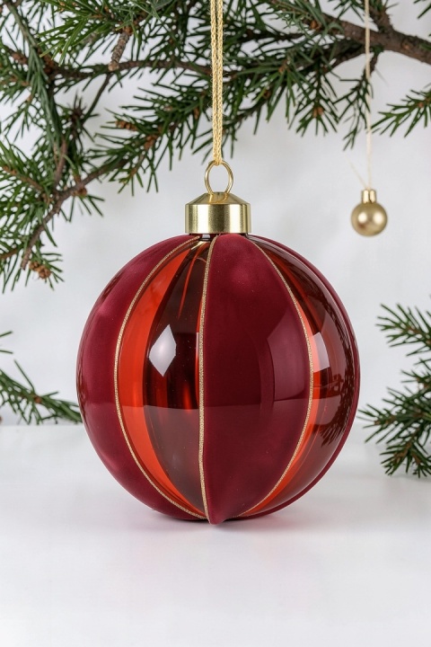 8 cm glass bauble with red velvet stripes (068261)