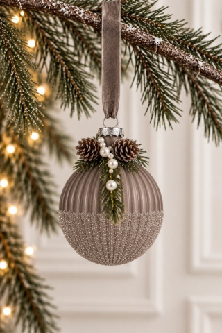 8cm ribbed brown glass bauble with decorative arrangement (071639)