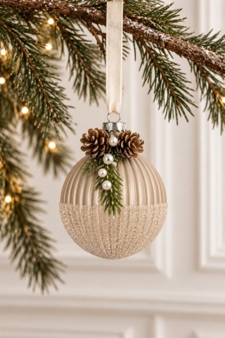 8 cm ribbed light brown glass bauble with a decorative spray (071639)