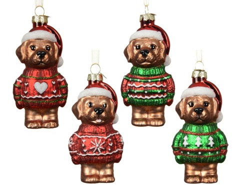 Glass ornament: Dog in a red sweater with snowflakes (123931)