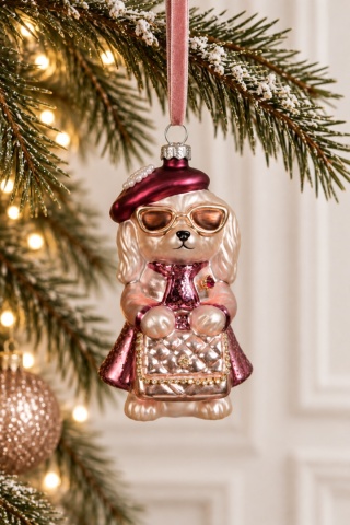 Glass ornament: Dog with a handbag in a pink outfit (124033)