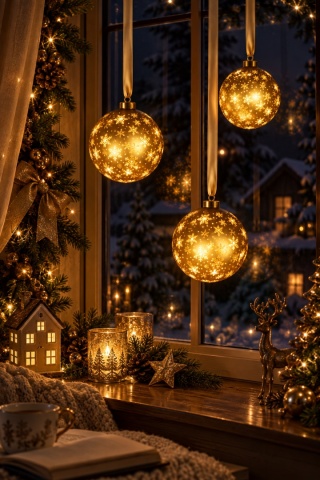 Gold glass bauble, 19 cm diameter, 25 LEDs, rotating (481525)