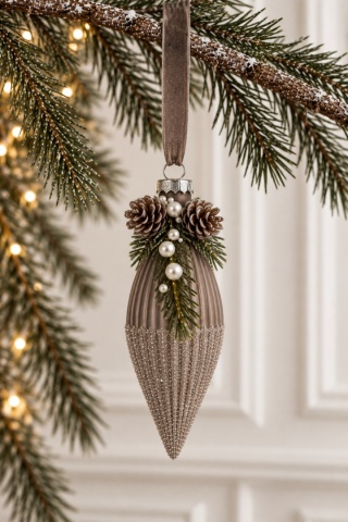 Brown ribbed glass icicle ornament with decorative spray (071639)