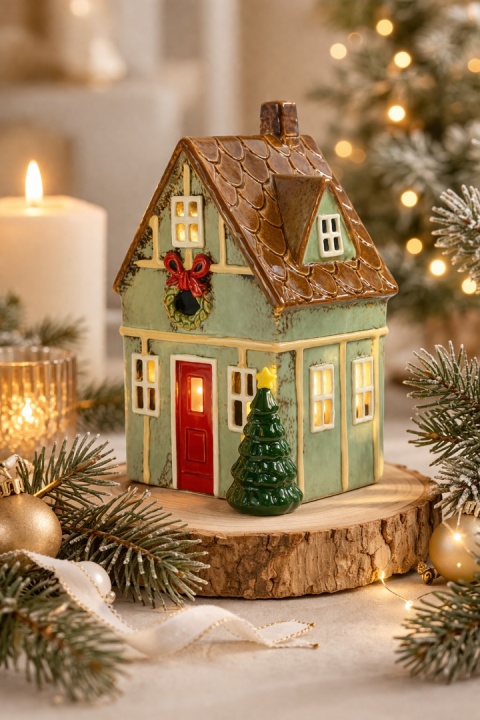 Mint ceramic tea-light house with a brown roof (2524)