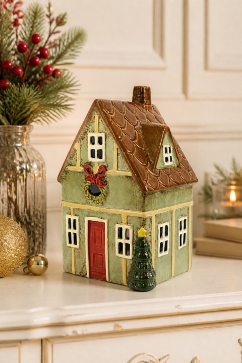 Mint ceramic tea-light house with a brown roof (2524)
