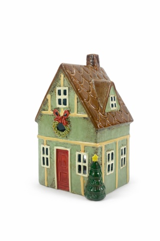 Domek ceramiczny na t-light miętowy z brązowym dachem (2524)