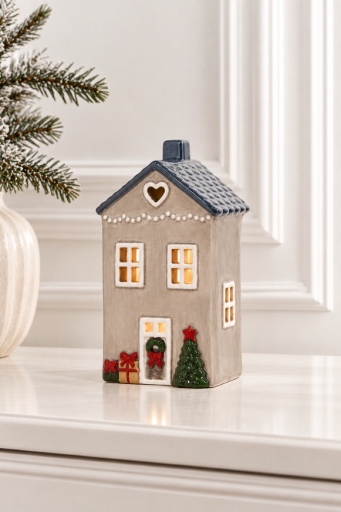 Domek ceramiczny beżowy duży na t-lighta niebieski dach (741101)