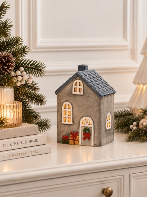 Domek ceramiczny beżowy mały na t-lighta niebieski dach (741102)
