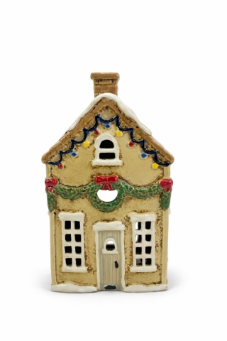 Domek ceramiczny na t-light beżowy z lampeczkami (2525)