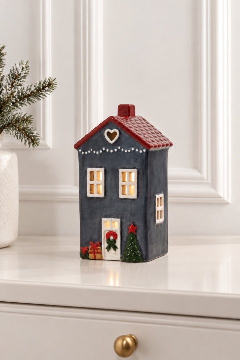 Large blue ceramic tea-light house with red roof (741101)