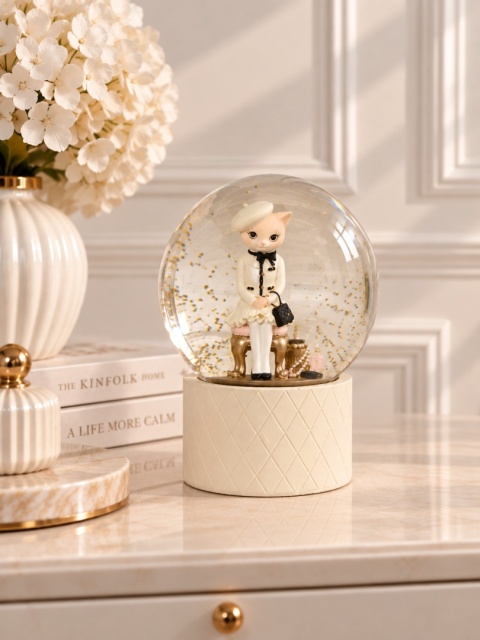 Water globe (10 cm dia.) featuring a stylish cat, ecru base (703631)