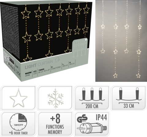 Kurtyna 200x200cm 415LED ciepła gwiazdki 8f. (AVX100690) timer wew/zew