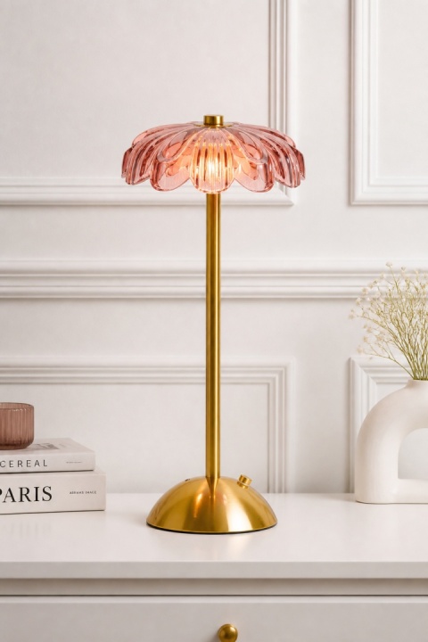 Gold metal lamp, 12 LEDs, pink shade (XX8450530)
