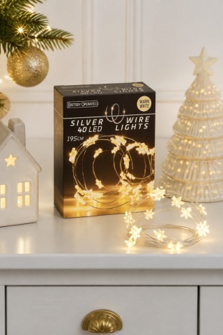 Lampki na druciku 40LED gwiazdki białe ciepłe 195cm na baterie(AX9731660)
