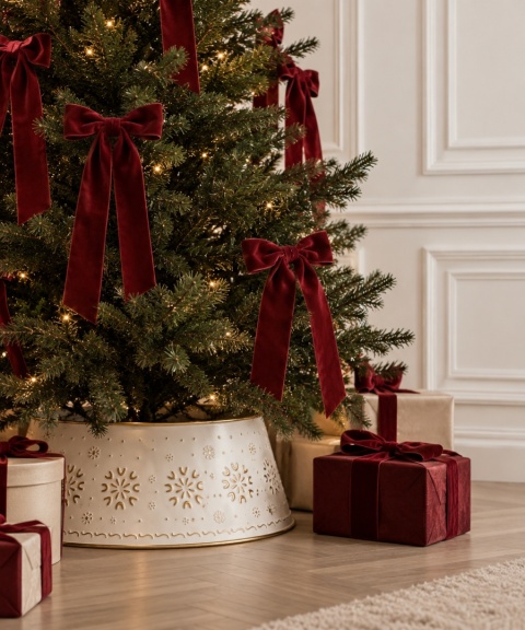 Metal Christmas tree stand cover for 2.4m tree, white and gold (685424)