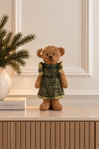 Glittery Mrs. Bear in a wool dress, polyresin (SX0689)