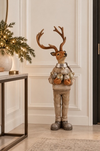 Standing reindeer in a scarf with ornaments, polyresin (SX0493)