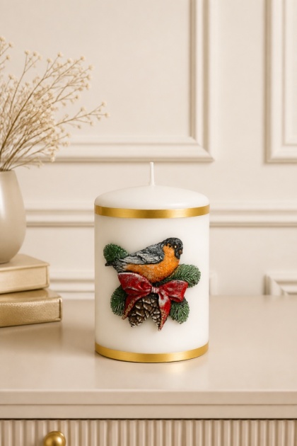 Small white pillar candle 70x100 Winter Bird (174304)