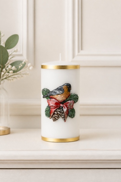 Medium white pillar candle 70x140 – Winter Bird (174307)