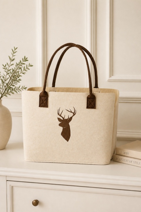 Natural ecru felt bag with reindeer (185636)
