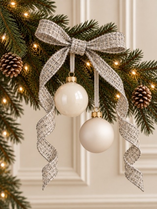 "Coco Elegance" ribbon, silver and white, shaped edge (201898)