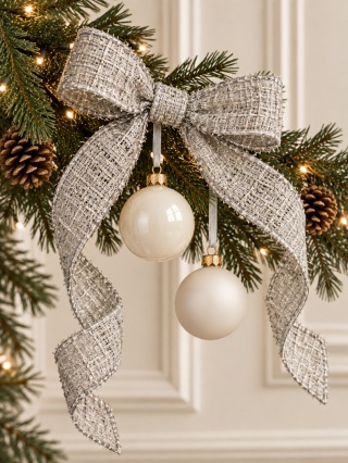"Coco Elegance" ribbon, silver and white, shaped edge (201898)