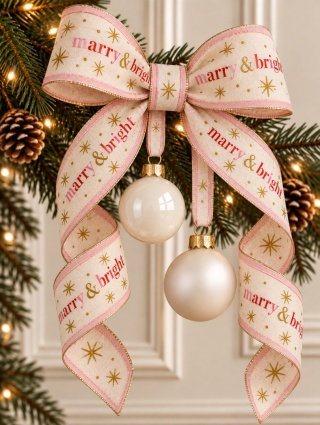 Wstążka materiałowa beżowa "Merry bright" (201901)szeroka