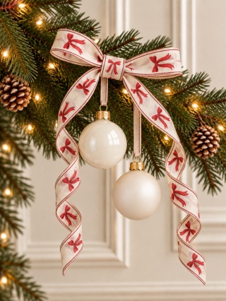 Ecru fabric ribbon with red bows (201901)