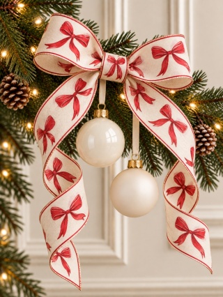 Ecru fabric ribbon with red bows (201901)