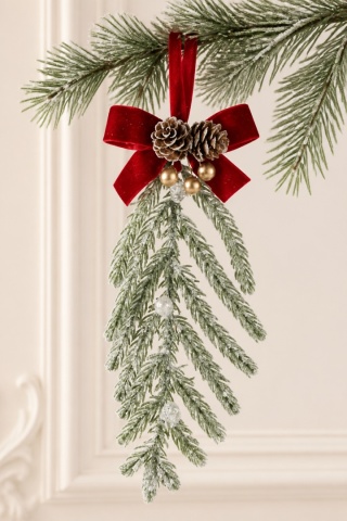 Dark green Christmas tree branch hanging decoration with bow and pine cones (554080) (B)