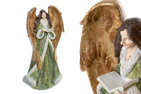 Anioł ceramiczny z książką szałwia + złoto (OZB06293)