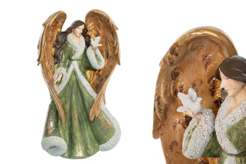 Ceramic angel with a small bird – sage green & gold (OZB06292)