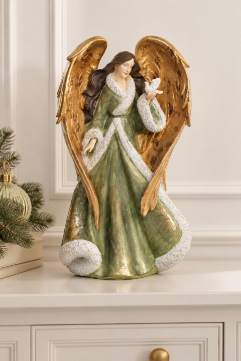 Ceramic angel with a small bird – sage green & gold (OZB06292)