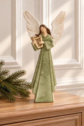 Aniołek ceramiczny 24cm z lirą szałwia (OZB06302)