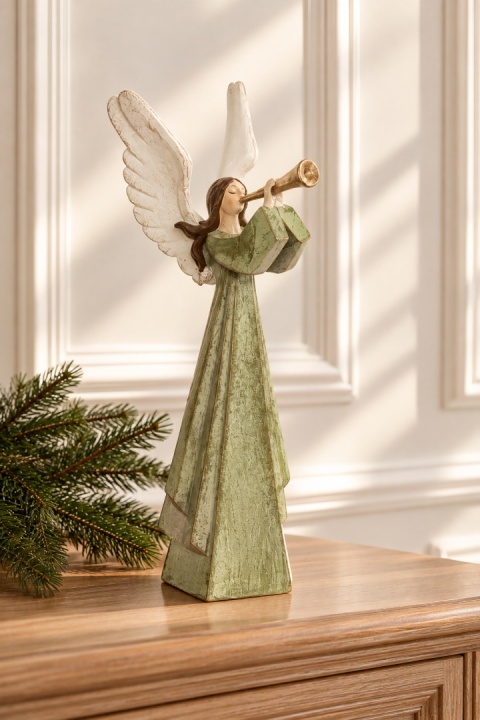 Aniołek ceramiczny 24cm z trąbką szałwia (OZB06302)