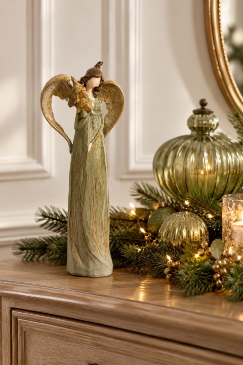 Ceramic angel (26 cm) with a Christmas tree – sage & gold (OZB06301)