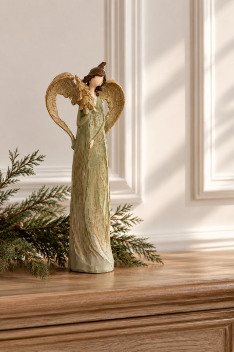 Ceramic angel (26 cm) with a Christmas tree – sage & gold (OZB06301)