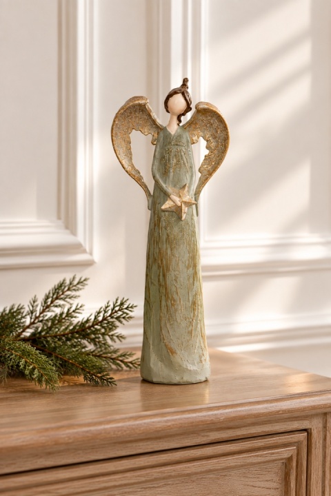 Aniołek ceramiczny 26cm z gwiazdką szałwia + złoto (OZB06301)
