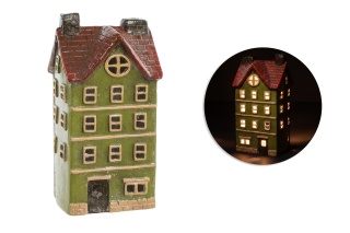 Kamienica LED ceramiczna zielona czerwony dach 2 kominy (ART21464)