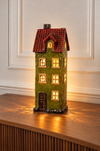 Kamienica LED ceramiczna wąska zielona czerwony dach (ART21466)