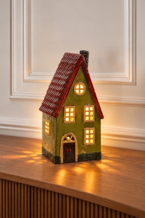 Kamienica LED ceramiczna zielona stromy czerwony dach (ART21463)