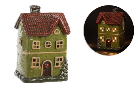 Kamienica LED ceramiczna zielona z choinką czerwony dach (ART21462)